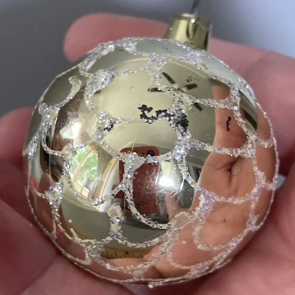 Vintage Hand Painted Blown Glass Christmas Ornament Gold With Scalloped Glitter
